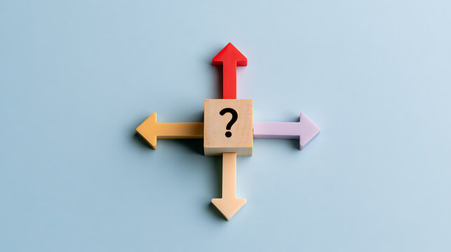 Wooden block with question mark and four colorful arrows pointing in different directions representing business decisions and strategy options