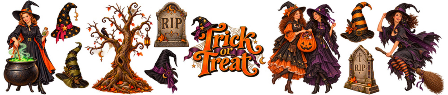 SET DE BRUJAS PARA HALLOWEEN ESTILO VINTAGE