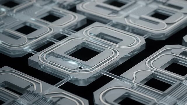 A complex microchip circuitry with intricate silver pathways and square components arranged in a grid.