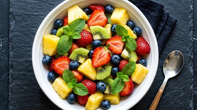 Fresh fruit salad bowl with berries pineapple kiwi and mint for healthy