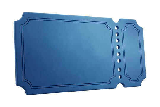 Blue glossy ticket stub with perforated edge and blank stripe design floating alone, symbolizing entry, admission, event access and cinema concept