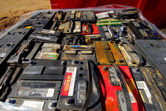 Car batteries recycled at Sarasota  Florida Landfill to convert waste materials into reusable objects to reduce the consumption of fresh raw materials, decrease landfill waste. 09.12.26