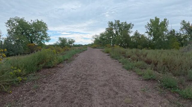 Immersive POV from recumbent trike ride on a rough gravel trails along the Poudre River in Fort Collins, Colorado - late summer scenery in Riverbend Ponds Natural Area