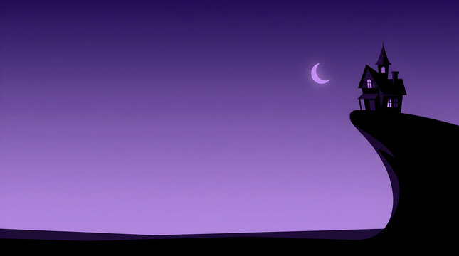 Spooky haunted house silhouette perched precariously on a jagged cliff edge under a vast, deep purple night sky illuminated by a slender crescent moon.