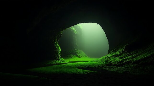 Luminous green moss floor inside a dark cavern entrance.