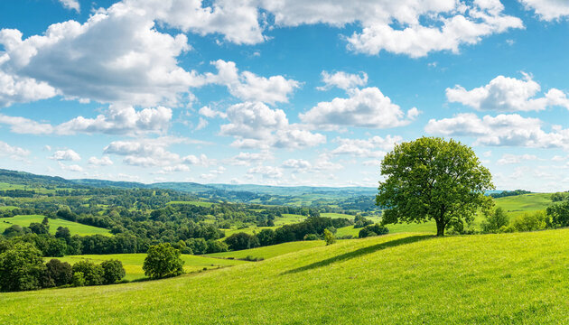 Green tree on a rolling green hill landscape under blue sky with white clouds vector graphic design