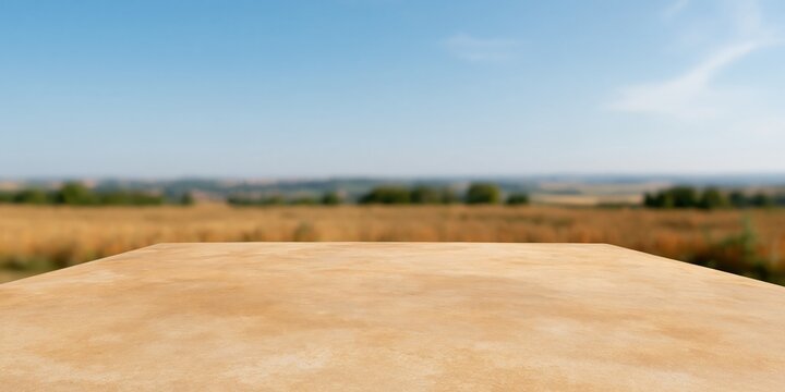 Empty taupe limewash table surface with a soft glow, featuring a blurred golden field background and copy space for a product mockup