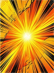 Obraz premium Dynamic Comic Book Explosion Background with Radial Speed Lines, Halftone Dots, and Vintage Grunge Texture in Orange and Yellow