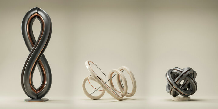 Metallic infinity loop, interlocking wire rings, and spherical metal knot on neutral background