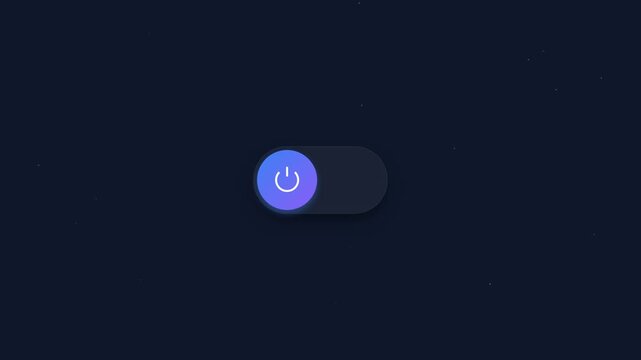 Blue glowing power switch button interface icon against dark background