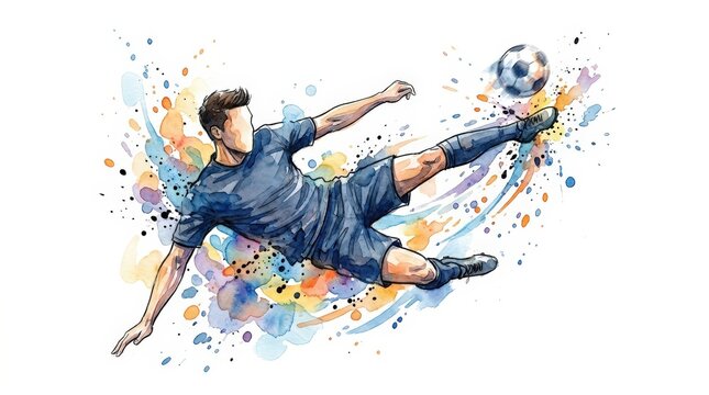 Professional soccer player executing a bicycle kick mid-air in a dynamic sports illustration