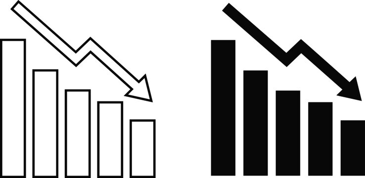 Declining Bar Chart Icon Set with Downward Arrows Representing Business Loss, Financial Decline, Market Trends, Performance Analysis, and Statistics