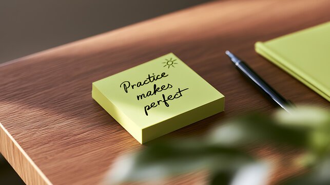 A yellow sticky note with the text practice makes perfect handwritten on it, placed on a wooden desk with a pen and notebook nearby