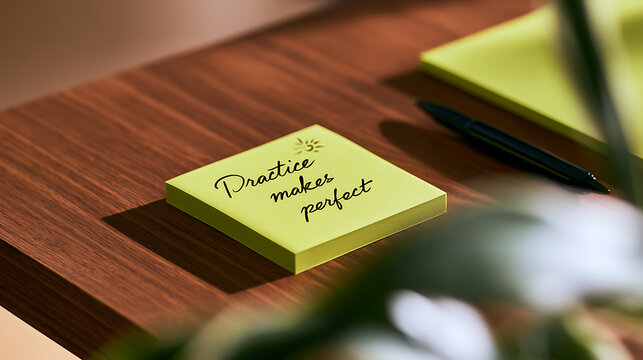 A bright yellow sticky note on a wooden desk with handwritten inspirational text practice makes perfect alongside a black pen and notepad