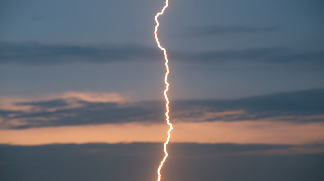 A powerful single bolt of lightning strikes through dark dramatic storm clouds during twilight hour, capturing raw natural electric energy scene