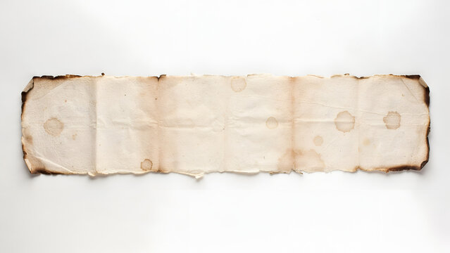 A long, narrow strip of aged, burntedged parchment paper with visible creases and light stains, isolated on white background