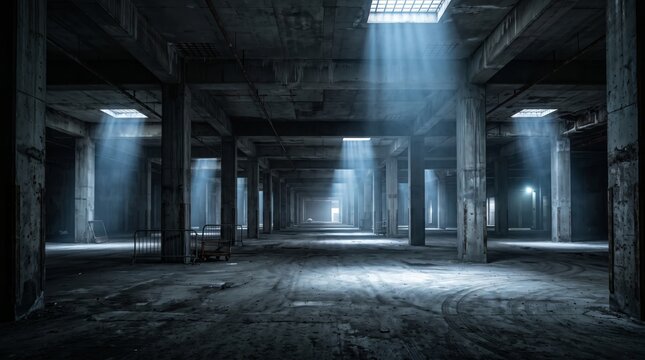 A vast, abandoned industrial warehouse interior with dramatic shafts of light streaming through ceiling skylights, creating a moody and atmospheric scene in a dark, concrete space