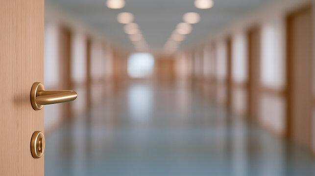 A view through an open wooden door into a long, bright office hallway with a polished floor and multiple closed doors on both sides