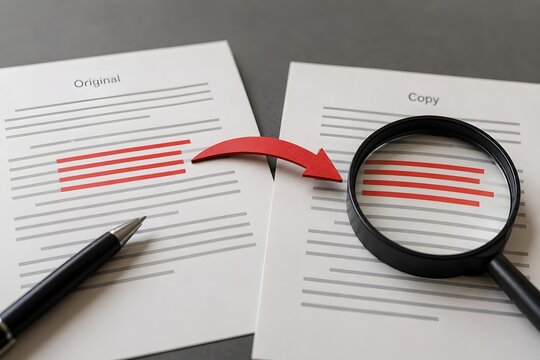 Concept of plagiarism and copyright in writing, with a document being compared using a magnifying glass.