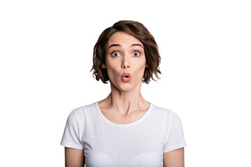 Fototapeta premium Portrait of young shocked amazed girl woman female look in camera hear unbelievable news isolated on grey color background