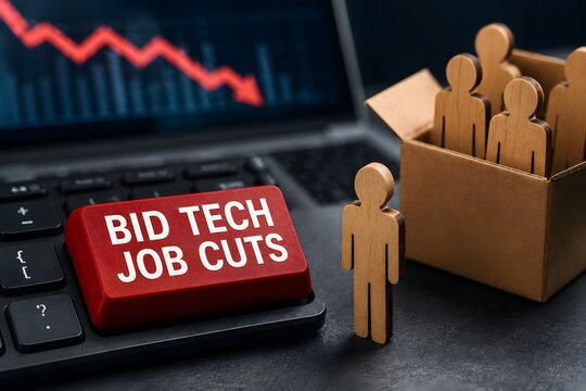 A red key labeled BID TECH JOB CUTS sits on a laptop keyboard, depicting the concept of workforce reduction in the technology sector.