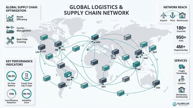 Global logistics and supply chain network infographic, world map with shipping routes and cargo containers, international trade data dashboard