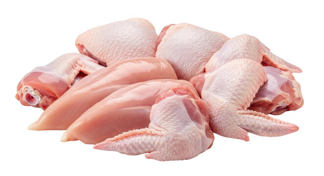 Fresh raw chicken pieces with skin during preparation for cooking isolated on transparent background
