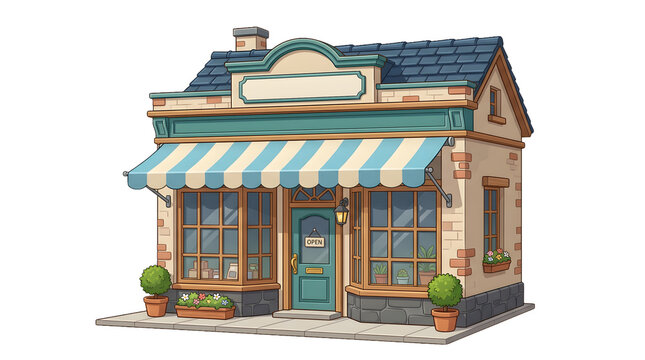 A charming corner store with a striped awning for the concept of a local business.