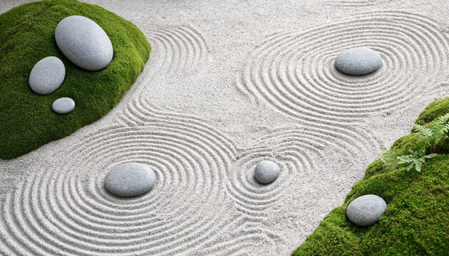 Zen garden with raked sand circular patterns and mossy stones in a vector style arrangement
