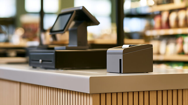 Modern electronic point of sale terminal with cash drawer and receipt printer on a wooden counter in a retail store interior environment