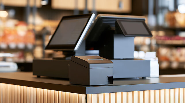 Modern electronic cash register system with touch screen display and receipt printer on counter inside retail store and cafe business location