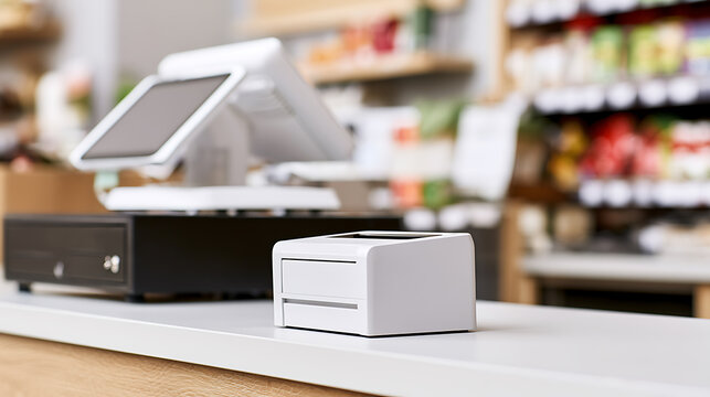 Modern electronic point of sale system with touch screen terminal and receipt printer on white counter inside retail store supermarket business