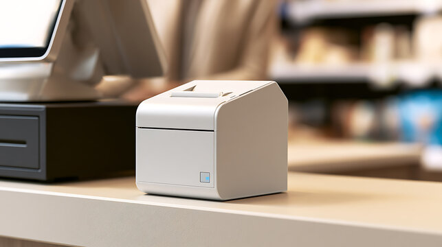Modern electronic receipt printer device placed on wooden checkout counter in retail store or restaurant setting with cash register nearby