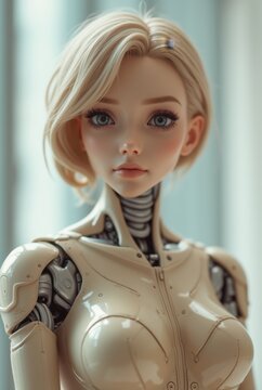 Humanoid female robot with blonde hair and smooth face