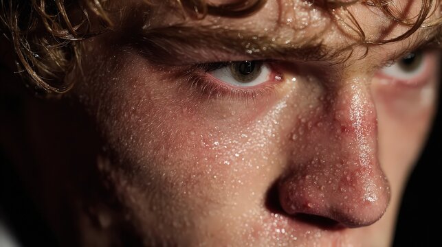 Intense Effort: Close-up of a Young Athlete&rsquo;s Sweaty Face, Focused Determination and Physical Strain During Training.