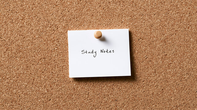 A single white sticky note with handwritten text study notes pinned to a brown corkboard background for education and organization themes