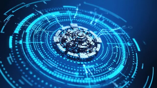 Futuristic technological device with glowing blue digital interface motion graphics, modern sci-fi HUD overlay animation.