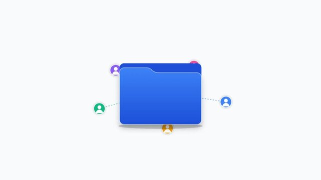 Shared folder network connecting multiple user avatars. Modern UI animation. Digital team file access template. Cloud storage user permissions concept. Minimalist blue folder icon. White background.