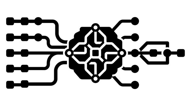 Artificial intelligence decision engine icon with circuit board pathways isolated on white