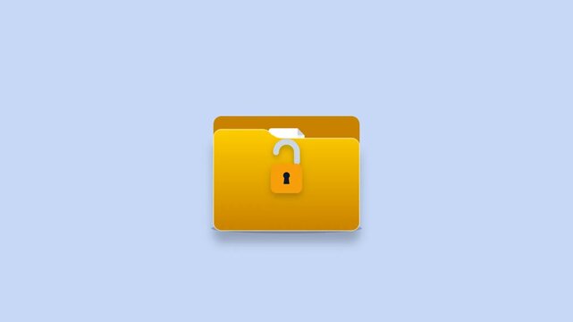 Unlocked folder with key security icon. Modern UI animation. Data access and privacy template. Unlocked file storage concept. Yellow folder graphic. Light blue background.