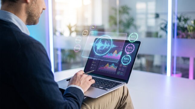 Business analyst using a laptop to review digital data charts in an office