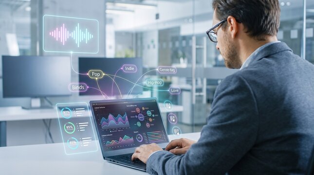 Professional analyst working on a laptop with holographic data visualization in a modern office