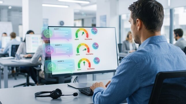 Supervisor monitoring customer service call sentiment data in modern office