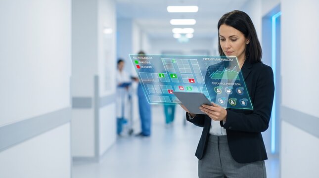 Hospital administrator reviewing digital patient data on a tablet in a hallway