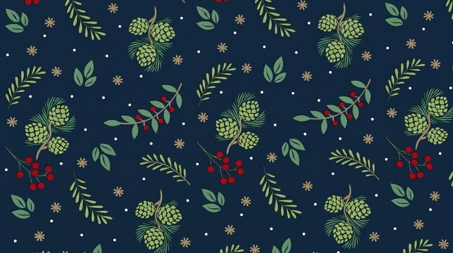 Charming winter seamless pattern with pine cones and berries on navy background.