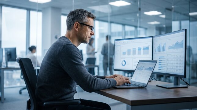 Mature businessman working on laptop with data charts in modern office