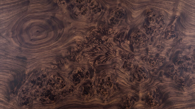 Rich Walnut Burl Wood Grain Texture, Dark Brown Natural Pattern, Organic Swirls, Luxurious Surface Background