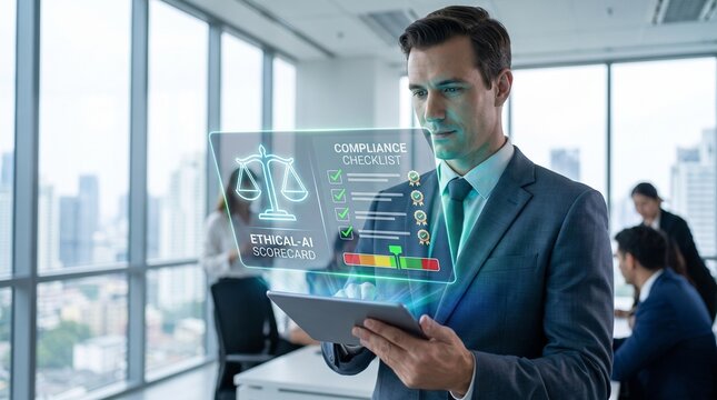 Professional businessman using a digital tablet with holographic compliance data in a modern office