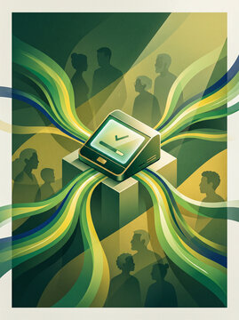 Conceptual Illustration of an Electronic Voting Terminal with Flowing Data Streams and Silhouettes of Diverse Citizens