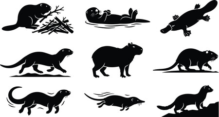 Fototapeta premium Semiaquatic and Wetland Mammal Silhouette Icon Set Featuring Capybara, Otter, Beaver, Platypus, and Rodents for Wild Nature Designs